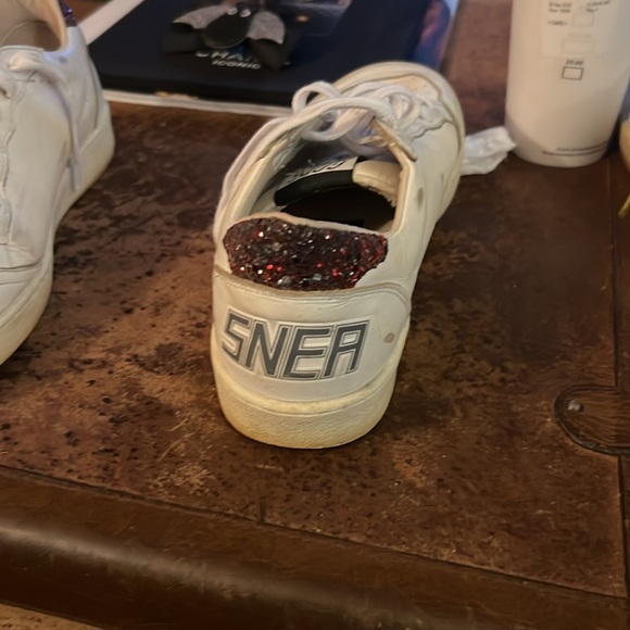 Golden goose ball stars.  American 8. White, lime green stars, red sparkle back - Picture 7 of 10